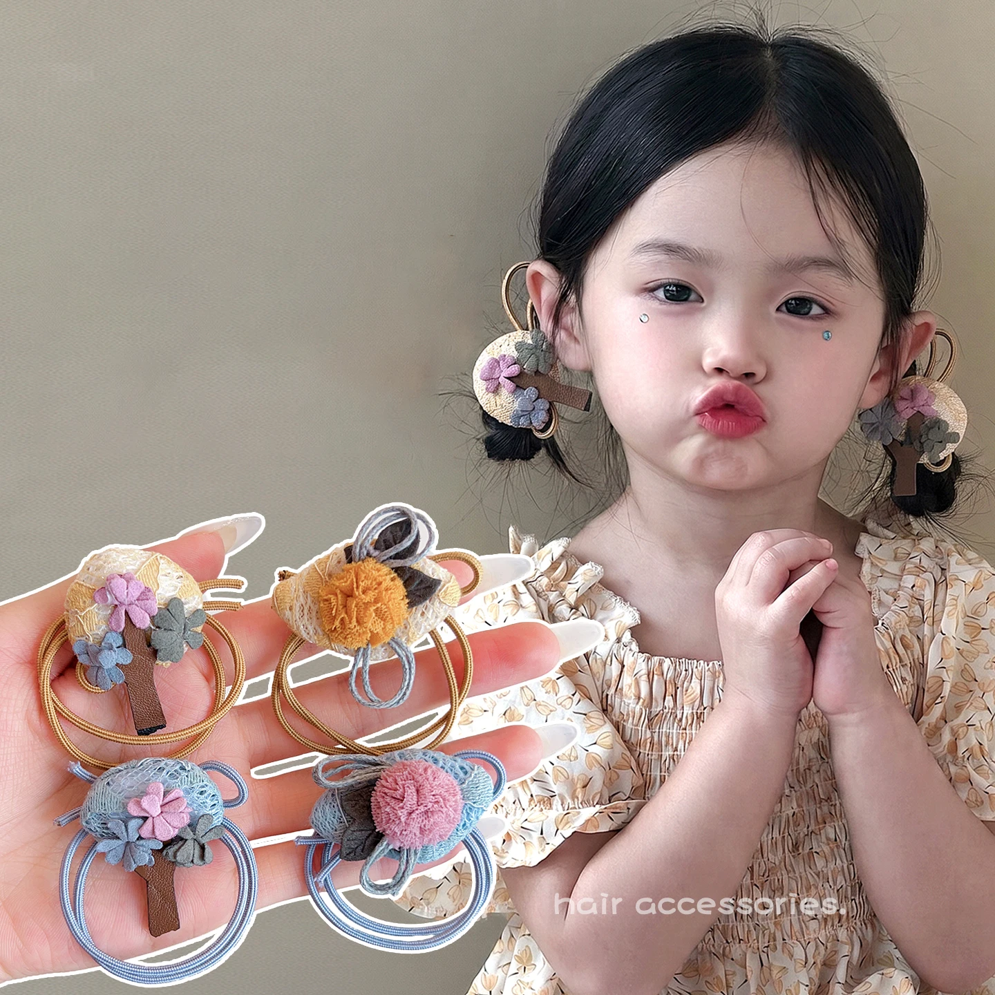 Koreanische Waldstil-Haargummis für Kinder, 1 Paar, handgefertigt, Stoff, Blumen, Baum, Pompon, Beeren, Haarbänder, weiche Gummibänder für kleine Mädchen – Detail 1