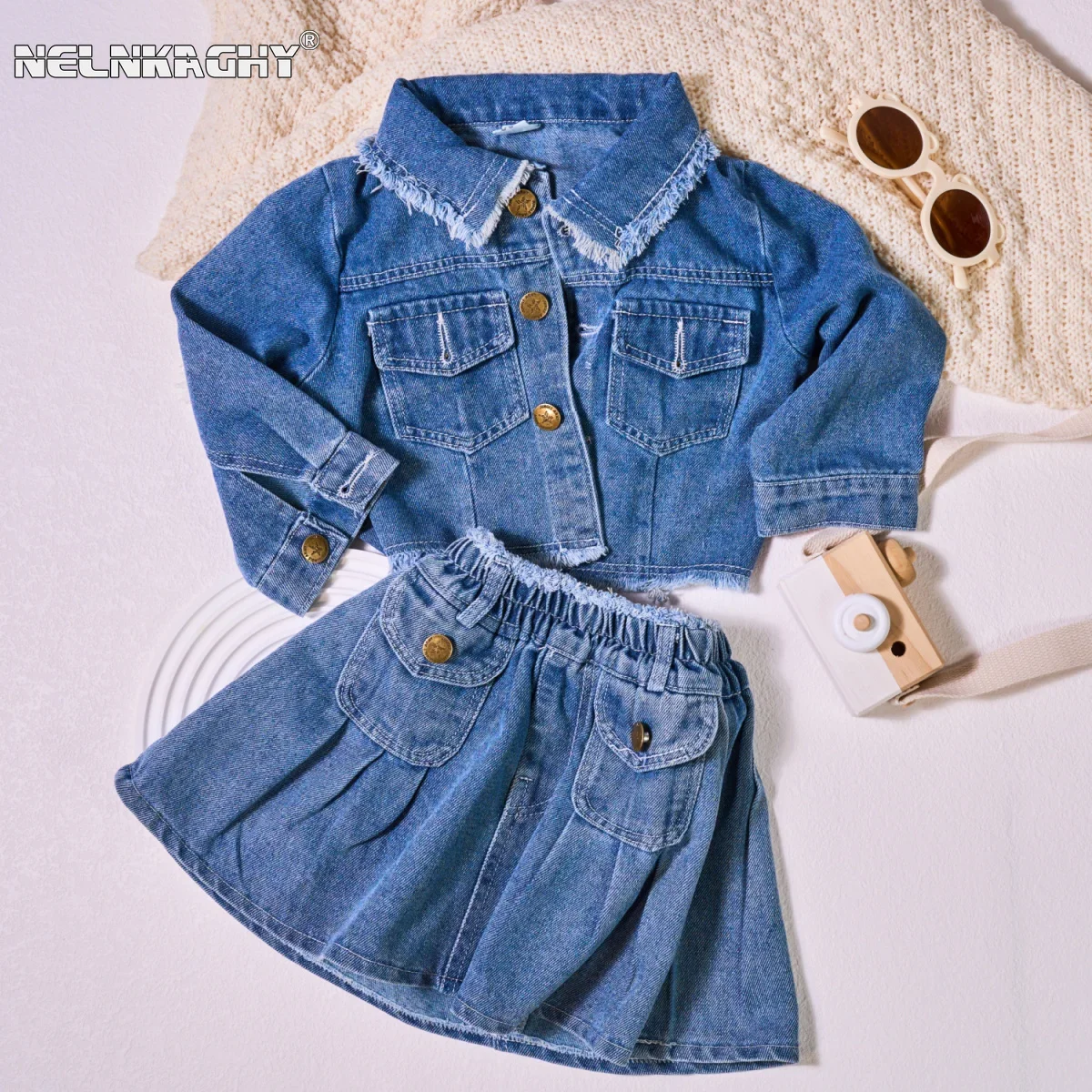 

2024 Autumn New in Kids Baby Girls Fashion Clothing Set - Children Retro Solid Color Denim Top Coat + Pleat Skirts 2-7Y