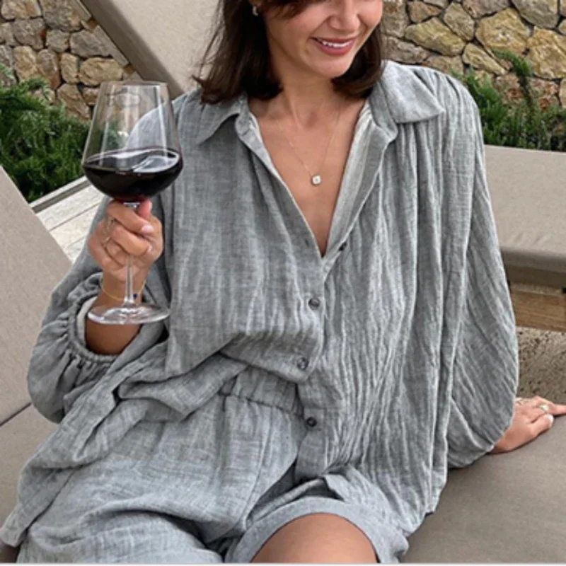 

Women Casual Solid Cotton Linen Shorts 2 Pieces Set Fashion Long Sleeves Single Breasted Top Shorts Suit Summer Vacation Outfits