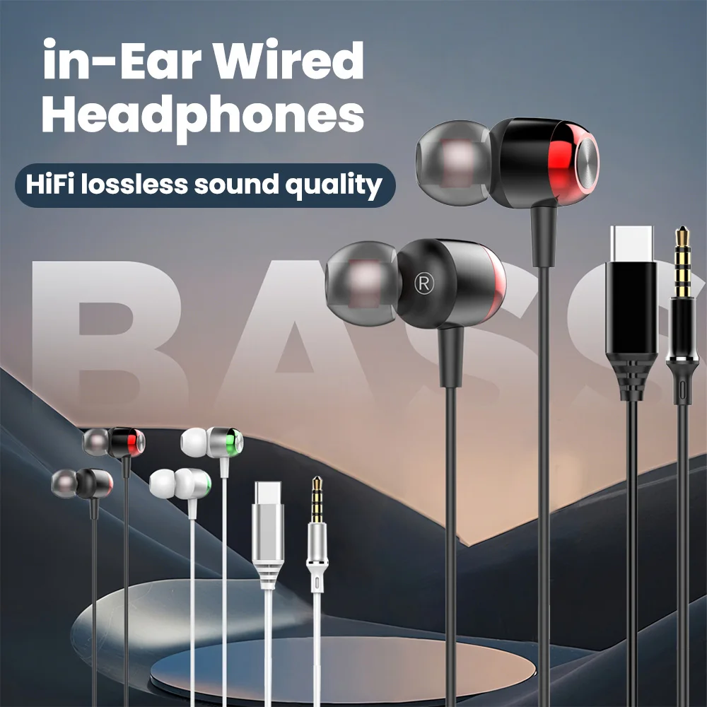 DAC Type-C / 3.5mm Headphones Wired Sports Earbuds Mobile Phones In-ear Wired Earphones Stereo Headset With Mic Volume Control