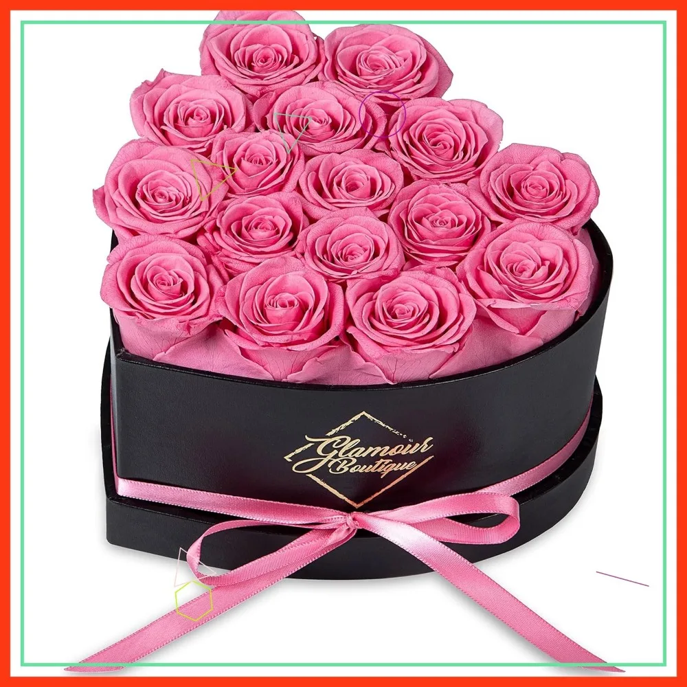 

16 розовых консервированных роз в сердечной коробке — срок 3 года, не требуется вода, идеальный подарок для нее