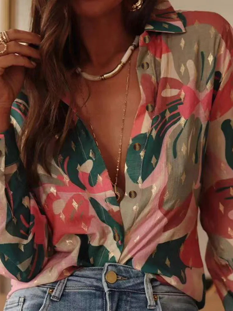 

Women Fashion Lapel Collar Loose Commuting Tops Casual Long Sleeve Autumn Print Blouse Elegant Single breasted Temperament Shirt