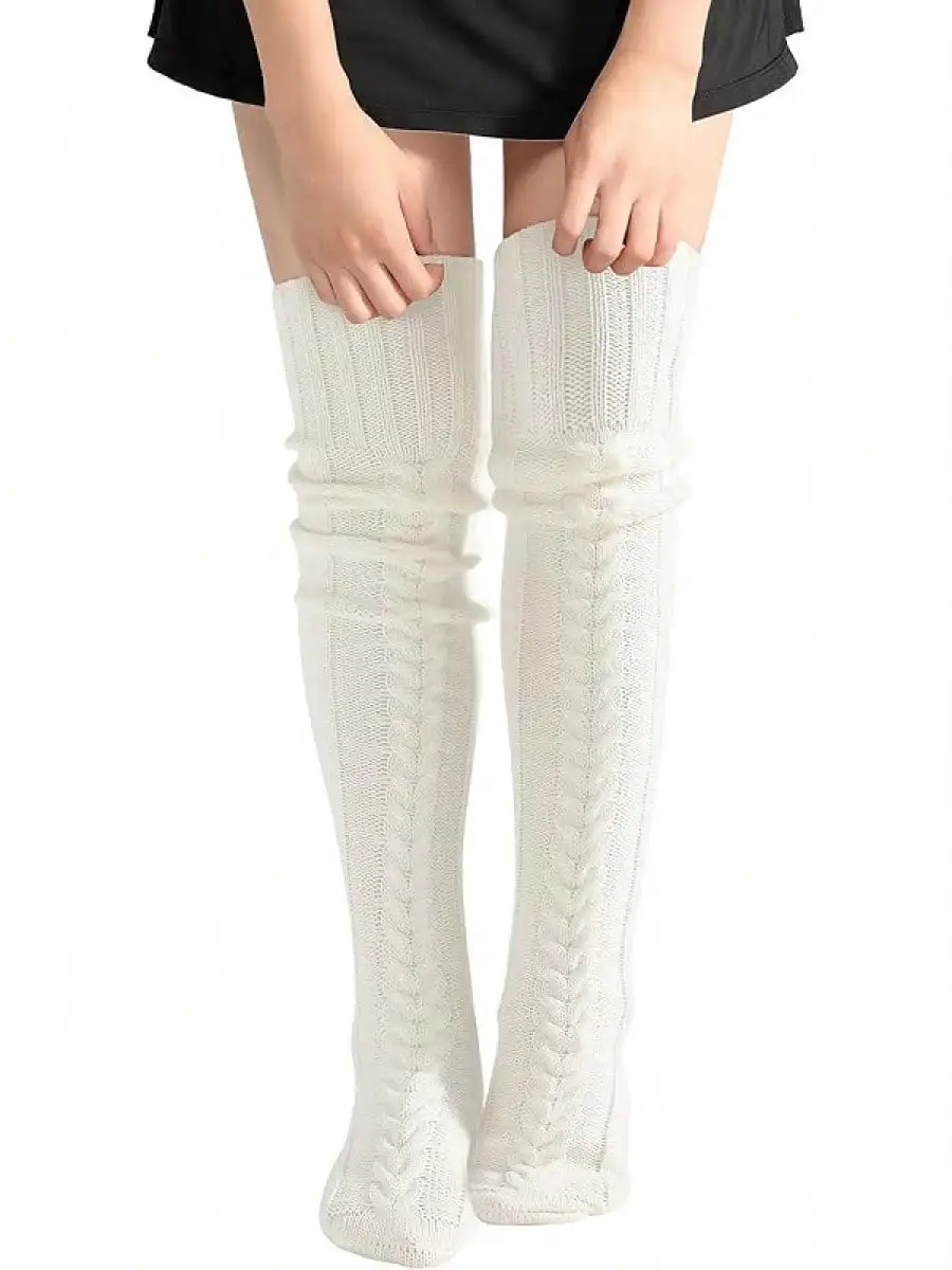 

Белые вязаные гольфы выше колена для женщин, толстые зимние гетры с узором косичка