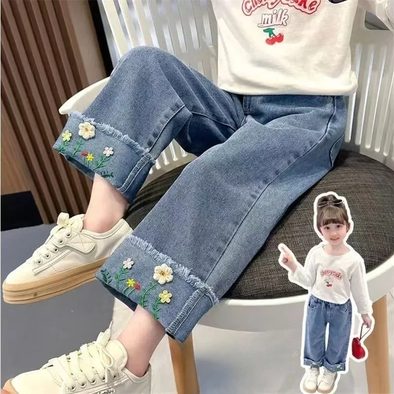 Girls denim pants 2026 spring and autumn new Korean version of children fashion children loose foreign style straight leg pants