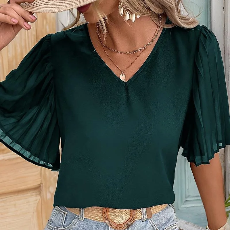 

Elegant Women's Pleated Short Sleeve Shirt Fashionable Miniature Bending Design Pure Color Block Outfit Winter Collection