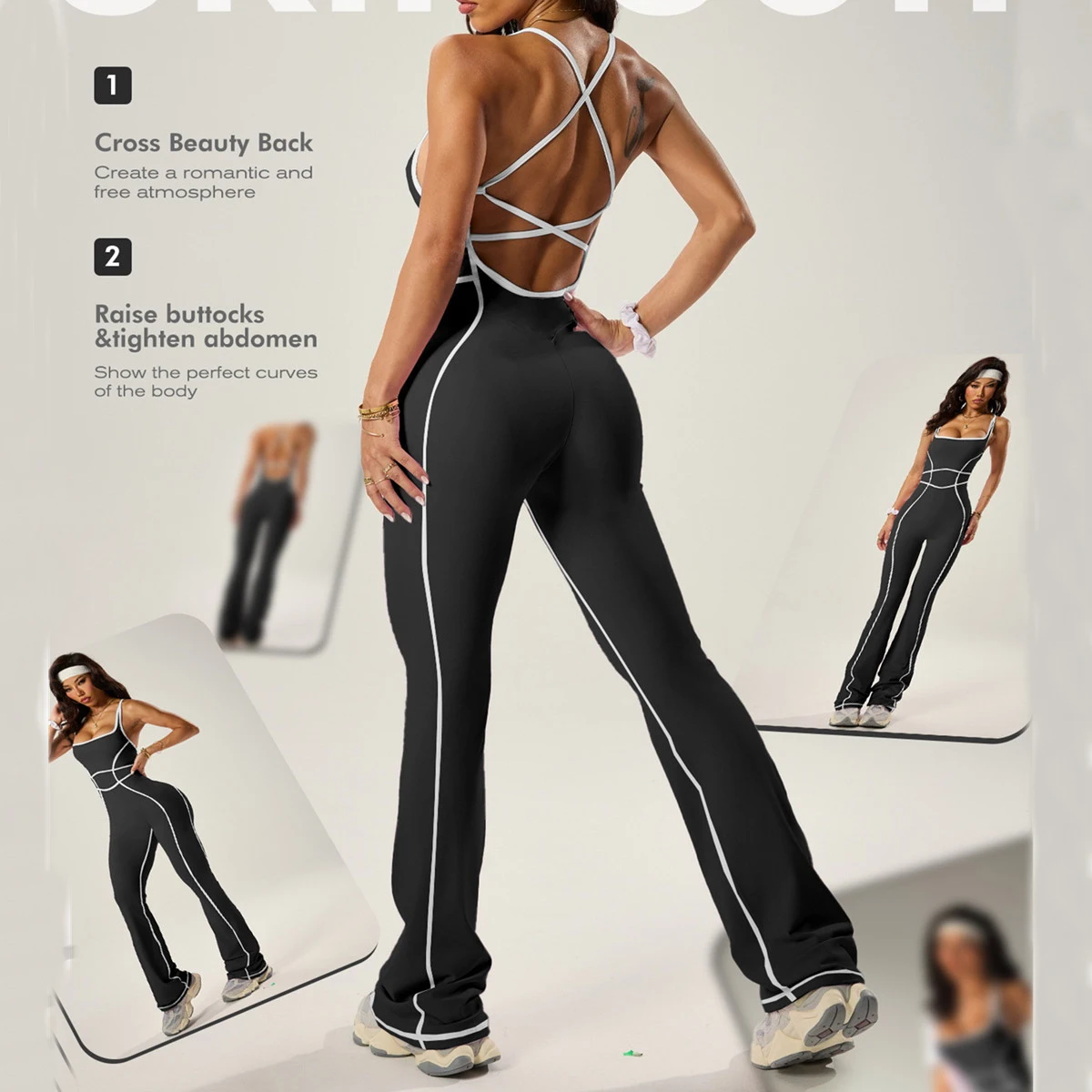 طقم يوجا نسائي بدون وسادة رومبير متقاطع من الخلف متباين واسع مضيئة يغطي الرجل النحت بعقب رفع ارتداءها لتشغيل الصالة الرياضية XP88 #4