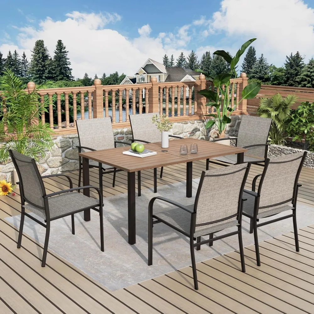 

Patio Table and Chairs Set, Outdoor Dining Set for 6 with Brown Chairs and Teak Color Tabletop Outdoor Dining Table, 7-Piece Pat