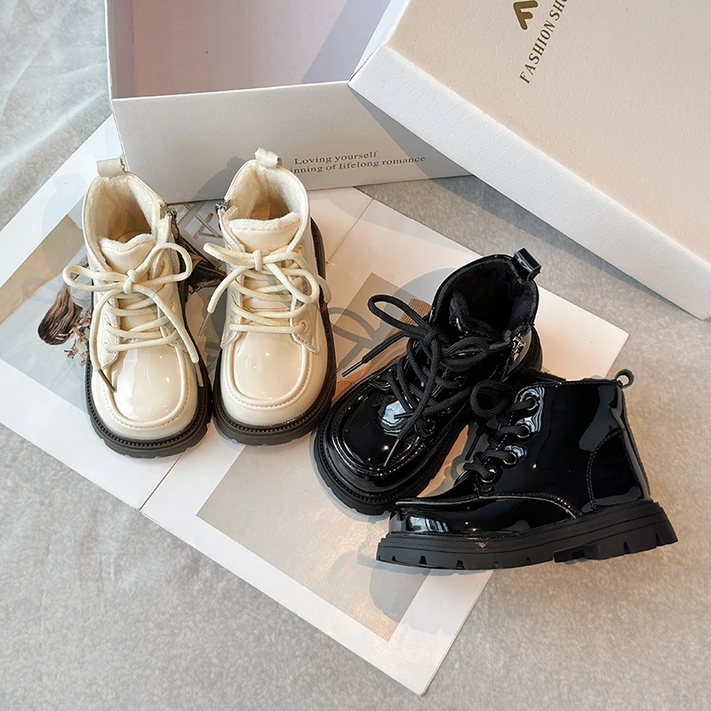 Children Leather Boots for Girls Autumn Winter Plus Cotton Warm Kids Ankle Boots PU Fashion Non-slip Girls' Shoes Botas Niña