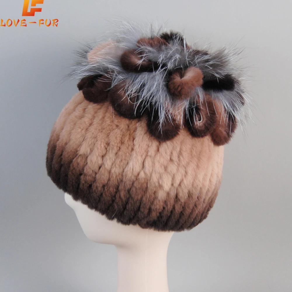 Hot Sale Russia New Winter Real Fur Beanies Hat Women 100% Genuine Real Rex Rabbit Hat Good Elastic Knitted Rex Rabbit Fur Caps