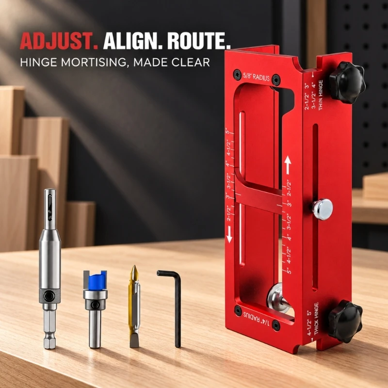 Adjustable Door Hardware Layout Jig with Sliding Bar and Hand-Tightened Knobs for Lock Openings and Mounting Recesses on D2RD