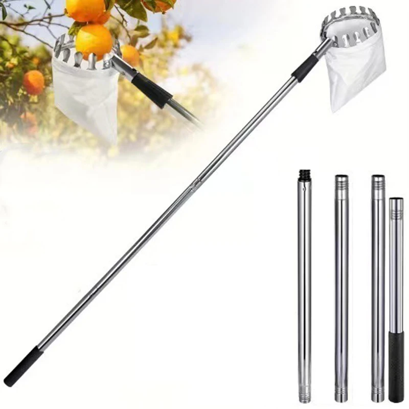 Stainless Steel Splicing Rod Fruit Picker 1.6/2.4/3.2/4M Telescopic Pole High Tree Orchard Picking Tool For Farm Garden Supplies