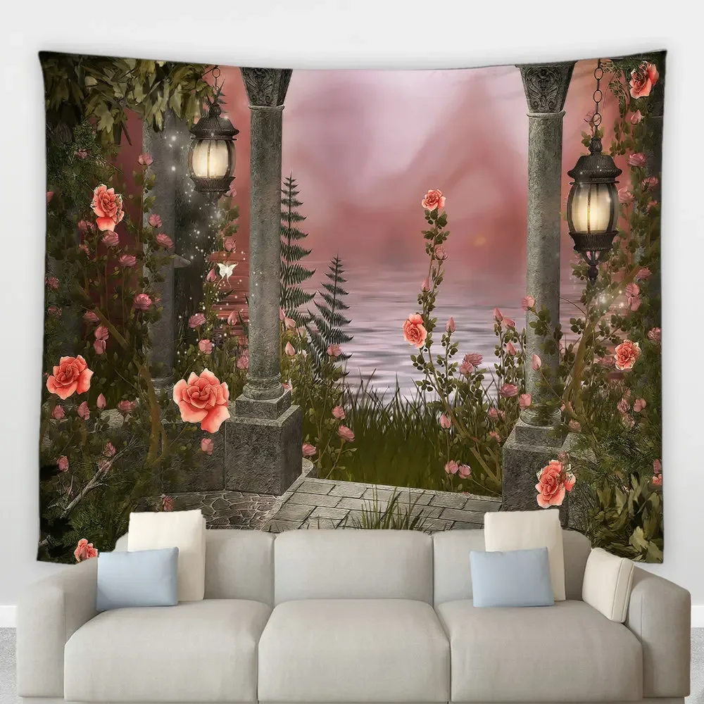 Pink Aesthetic Tapestry Arched Building Doors Windows Plants Flowers Vines Psychedelic Hippie Wall Hanging Bedroom Home Decor