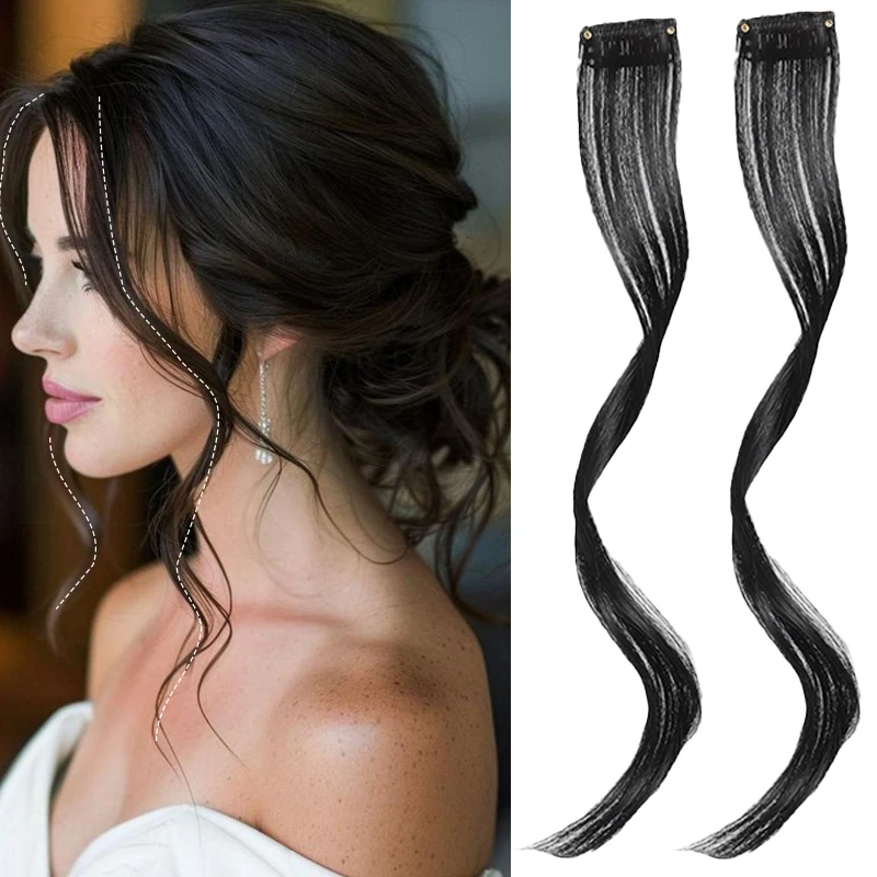 

2pcs Synthetic Bangs Wig Hairpiece 14inch Long Curly Hair Extensions Clip in Natural Fake Fringe on The Front Sides for Women