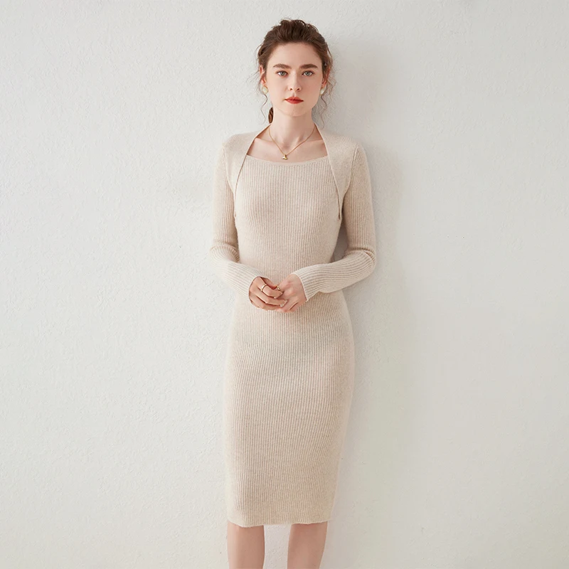 Elegant 100% Cashmere Knitted Dress For Women Autumn and Winter High Elasticity Slim Sweater Dress Knee Length Bottom Skirt