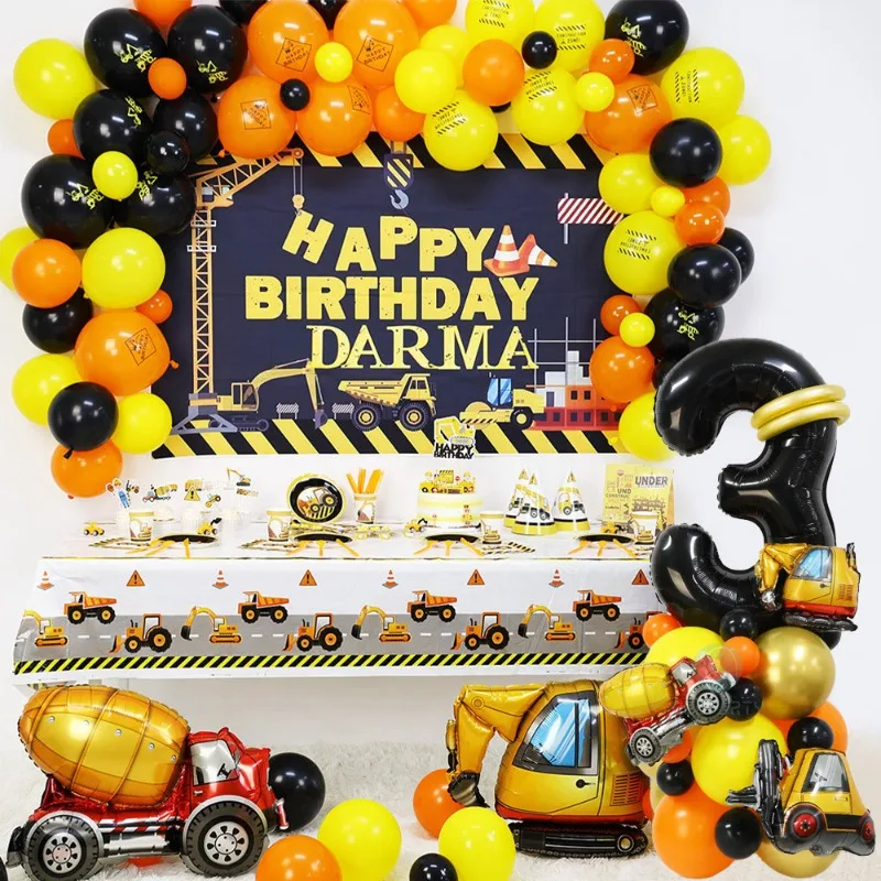 Gran modelado de ingeniería, excavadora de coche, película de aluminio, globo, grúa, carretilla elevadora, camión mezclador, globo, decoración de fiesta de cumpleaños