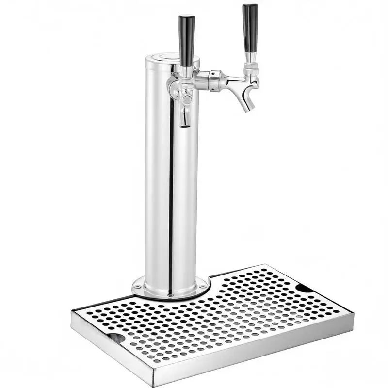 Kegerator Tower Kit, Dual Taps Beer Conversion Kit, Stainless Steel Keg Beer Tower Dispenser with Dual Gauge CGA320 Regulator & D-System Keg Coupler, Beer Drip Tray for Party Home