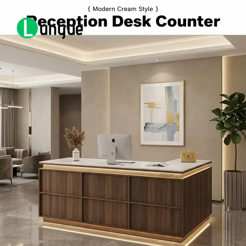 Modern Walnut Wood Reception Desk with LED Light Strip Customizable Layout Front Counter for Office Hotel Beauty Clinic