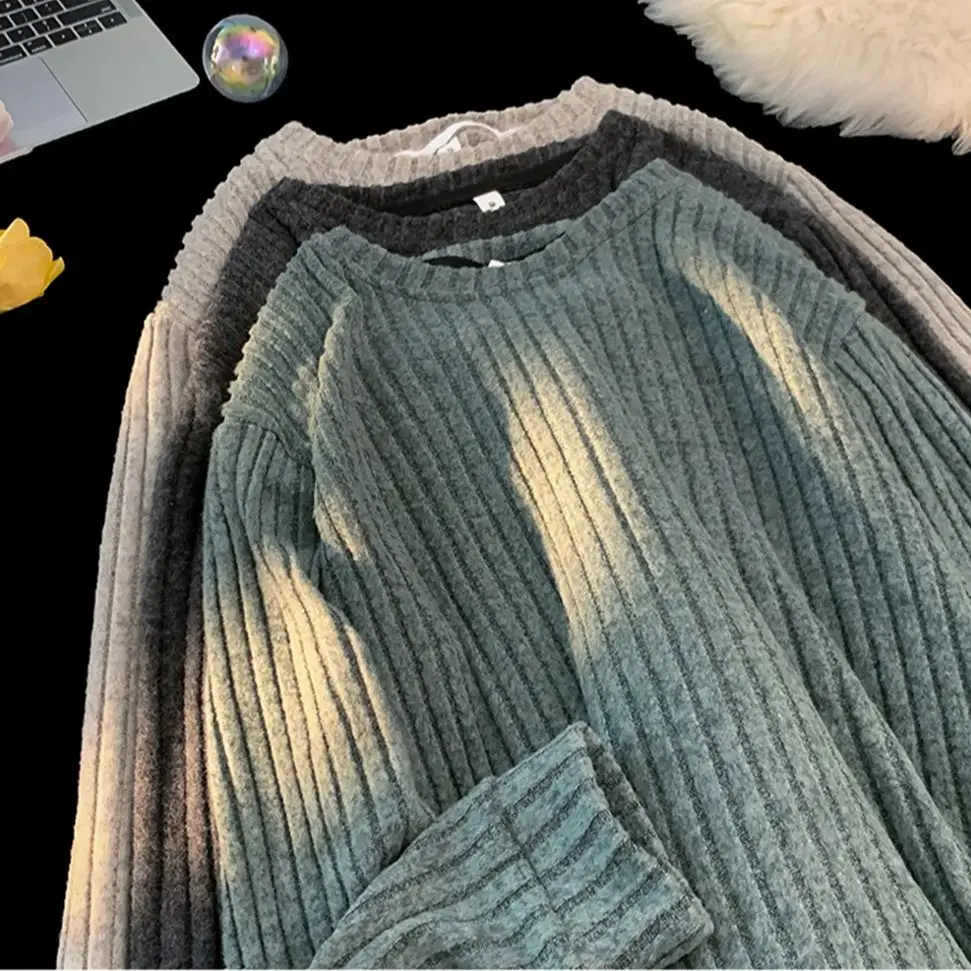 

Striped Pullover Sweatshirt Men's American Style Brushed Fleece Long Sleeve Loose Fit Round Neck T-Shirt Casual Base Layer Top