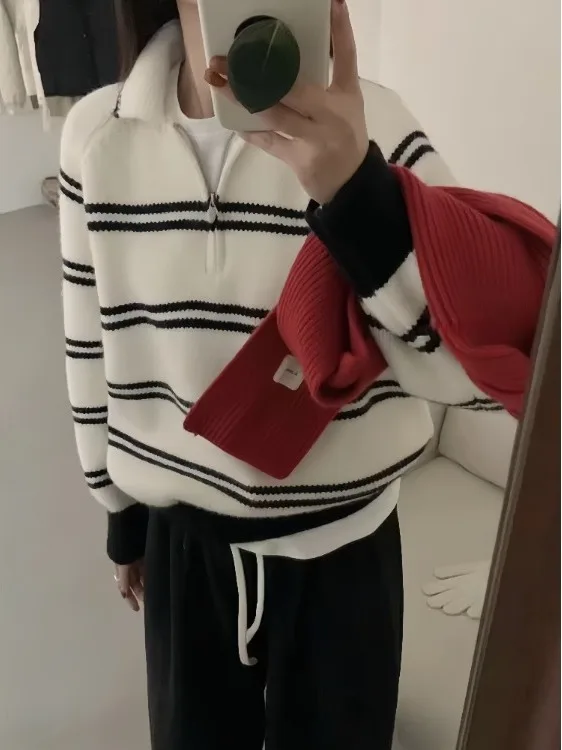 Korean Casual College Style Striped Contrast Color  Collar Sweater Loose Knitted Winter Versatile Anti-Aging Design Women...