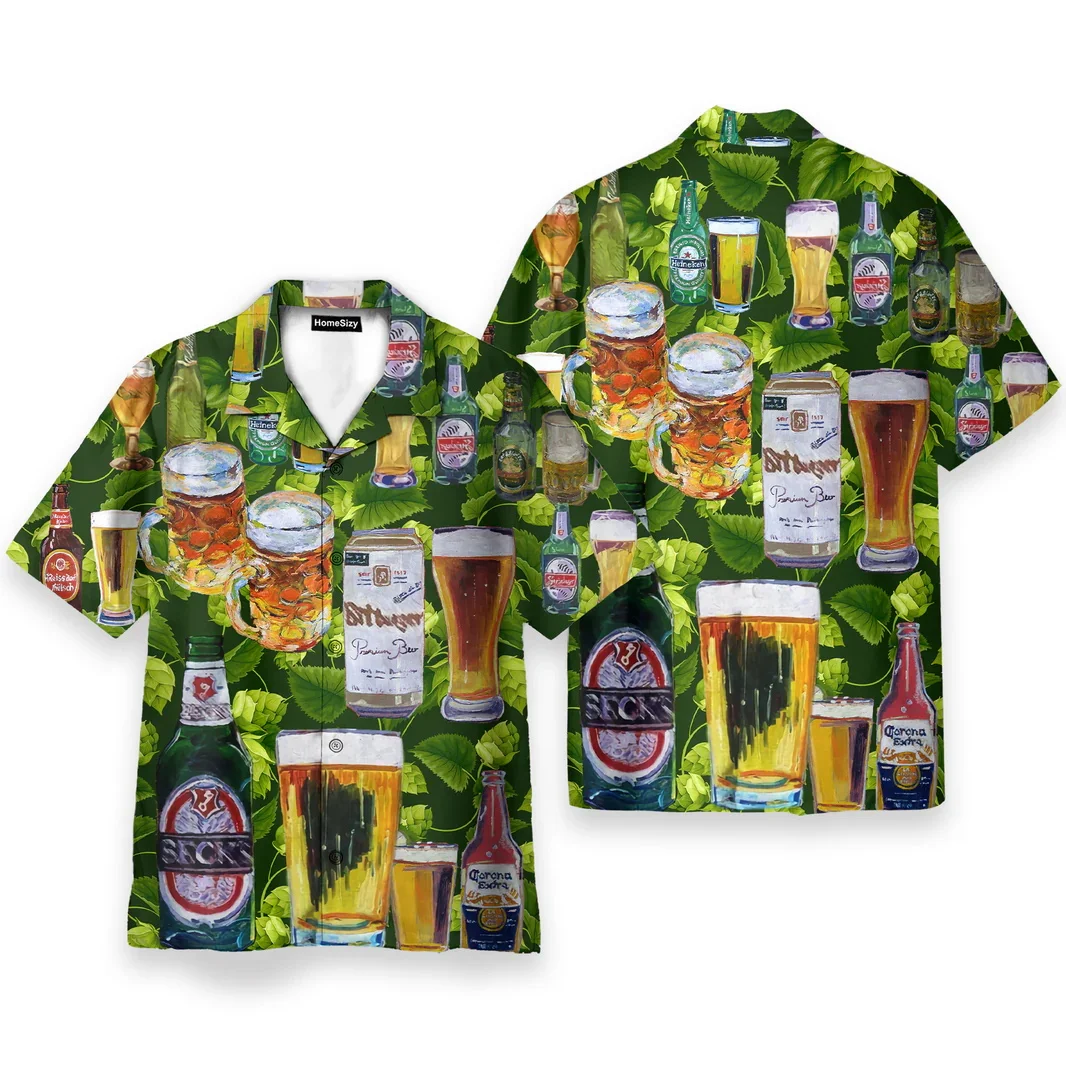 

New Beer Lovers Shirts For Man Clothes Harajuku Fashion Hawaiian Lapel Blouse Summer Aloha Beach Shirt Man Short Sleeve Tops