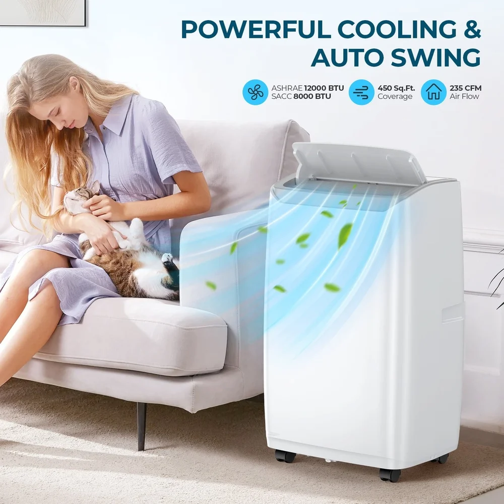 Condizionatore portatile da 12000 BTU Ventola di raffreddamento e deumidificazione 3 in 1 Telecomando Ideale per stanze da 450 piedi quadrati Efficienza energetica Silenzioso