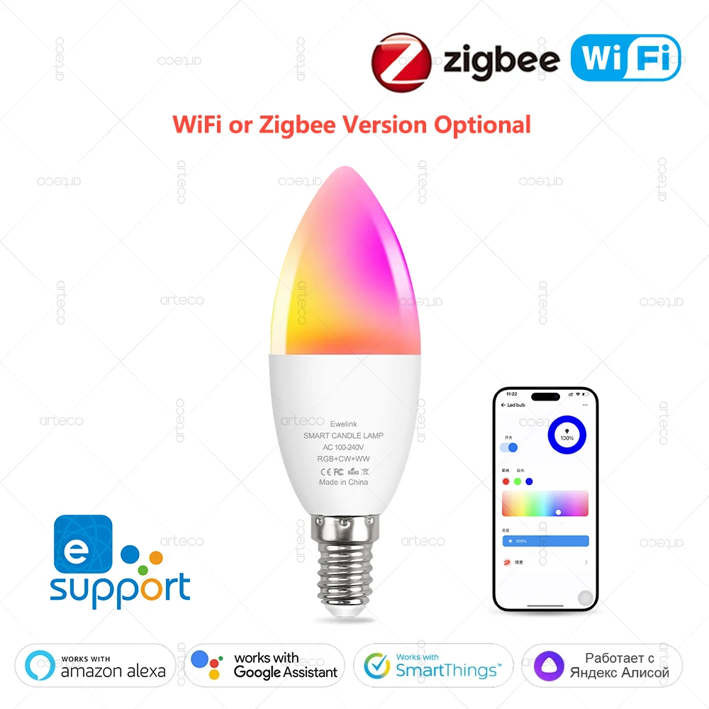 EWelink Zigbee E14 Wifi Smart Led Bulb RGB C+W Dimmable Lamp E14 Candle Led Light Bulb Works With Alexa Google Home Yandex Alice