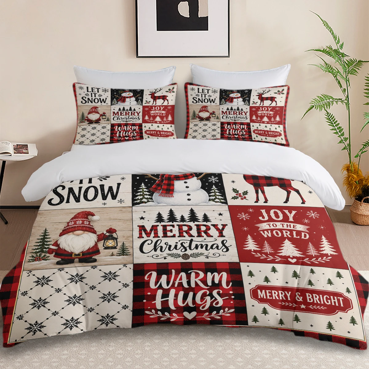 3PC Christmas Duvet Cover Set,Vintage Plaid Patchwork Gnome Snowman Reindeer Printed Quilt Cover With Pillowcases No Comforter