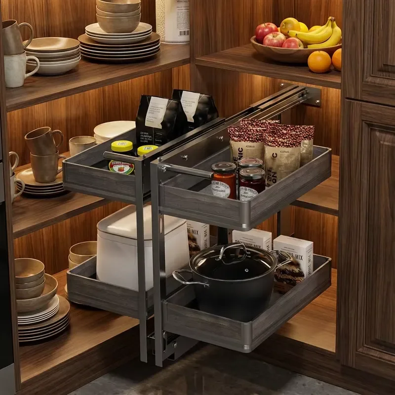 Double Sided Pull Out Coffee Bean Storage Basket Aluminum Kitchen Corner Hardware Box For Cabinet Organization And Space