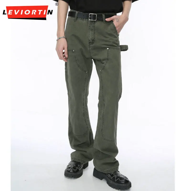 Men's 2024 autumn new Korean style handsome double knee decorated straight leg pants, fashionable and trendy ruffled jeans