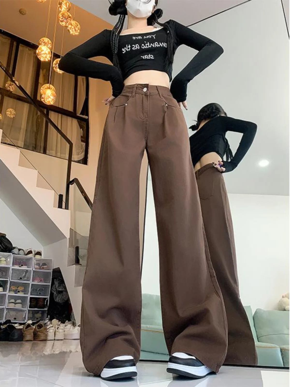 

High Waist Wide Leg American Retro Denim Jeans Women's Spring New Loose Wrinkle Drapey Floor-Length Pants Ladies Jeans