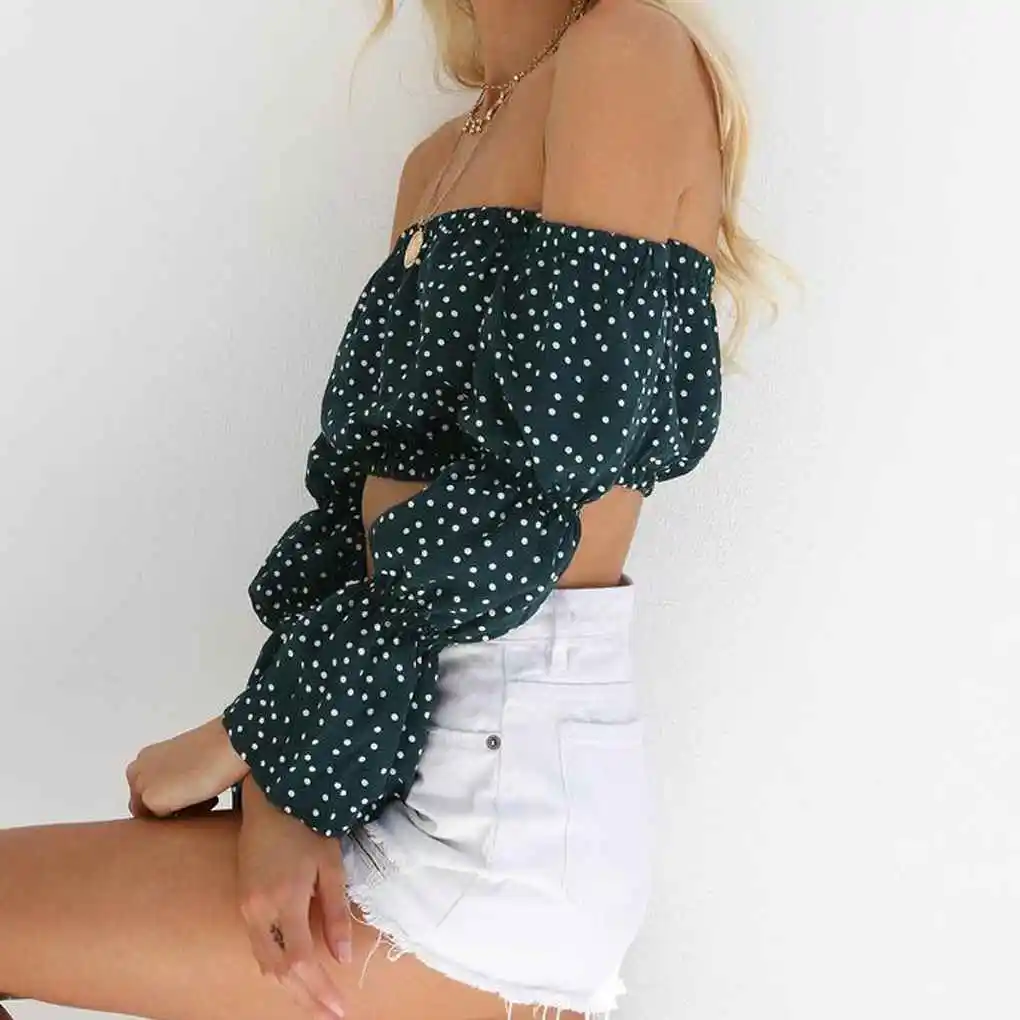 المرأة دوت طباعة قبالة الكتف المحاصيل الأعلى طويلة الأكمام بلوزة قصيرة مرنة #3