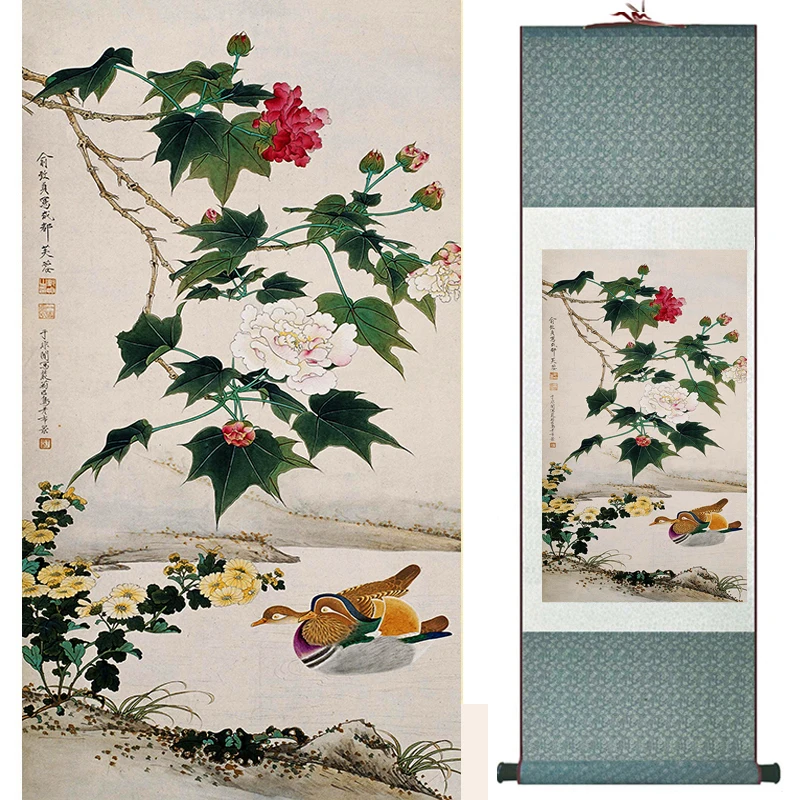 Birds and   flower painting Home Office Decoration Chinese scroll painting flower painting 19041203