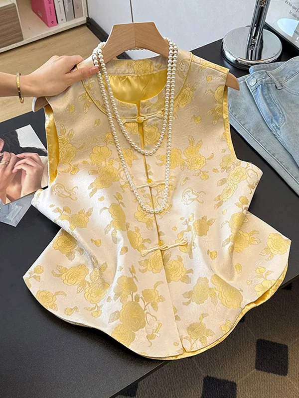 

Новый китайский топ с цветочным принтом, круглым вырезом, из атласной ткани, высокого качества, в стиле Ханьфу, с подплечниками, модный женский топ