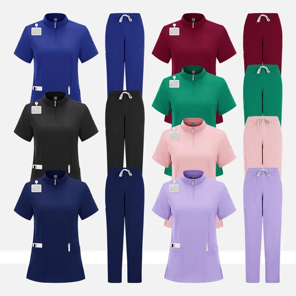 Women's Nurse Shirt Frosted set Stylish zipper plus size care shirt Beautiful solid color overalls frosted top and pants