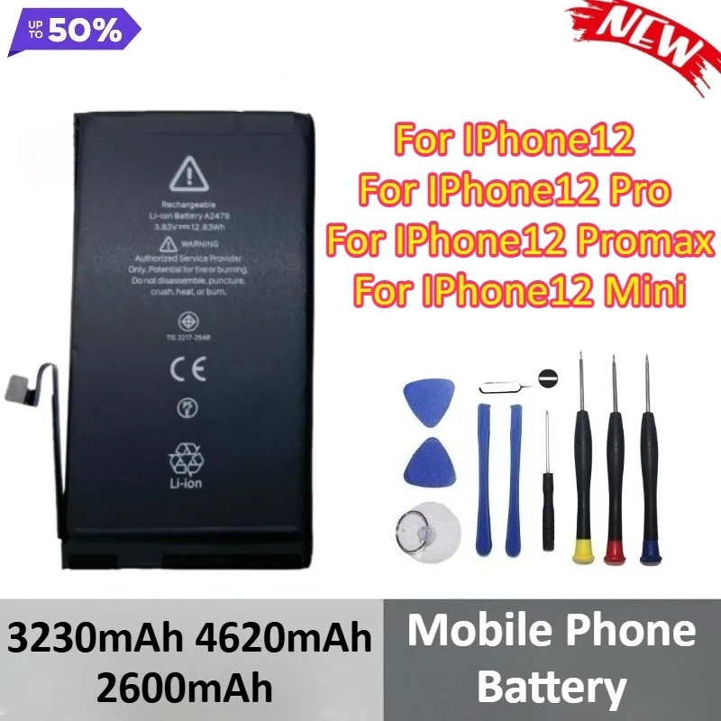 

New 3230mAh 4620mAh 2600mAh Mobile Phone Battery for IPhone 12 12Pro 12Pro Max 12 Mini Compatible Battey + Tools