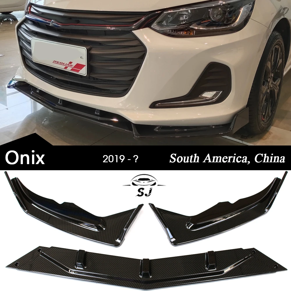 3PCS Black & Carbon Fiber Printing Aerodynamic Front Bumper Lip Spoiler for Chevy Chevrolet Onix II 2nd Generation 2019+