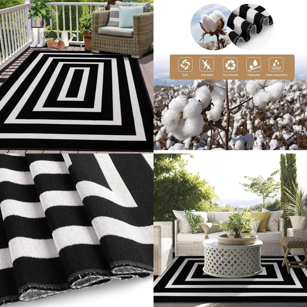 

5x7 Feet Black and White Striped Indoor-Outdoor Washable Rug - Woven Farmhouse Style for Patio and Front Porch, Clearance Offer