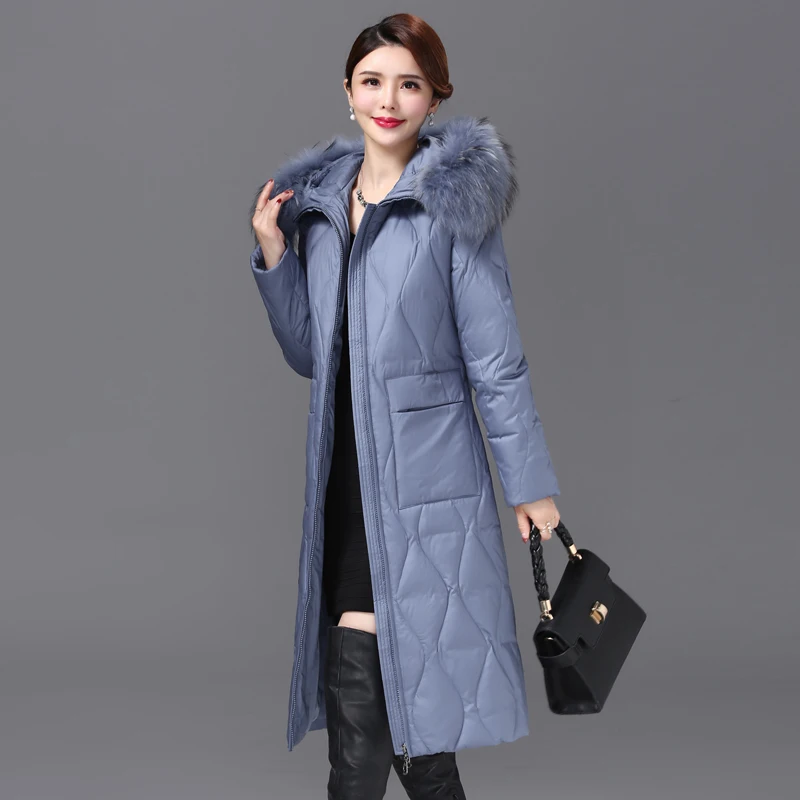 Shengyu Boya Middle-Aged and Elderly Mothers Over-The-Knee Long down Jacket Women's Jacket Thickeneded Raccoon Fur Collar New Winter Outwear