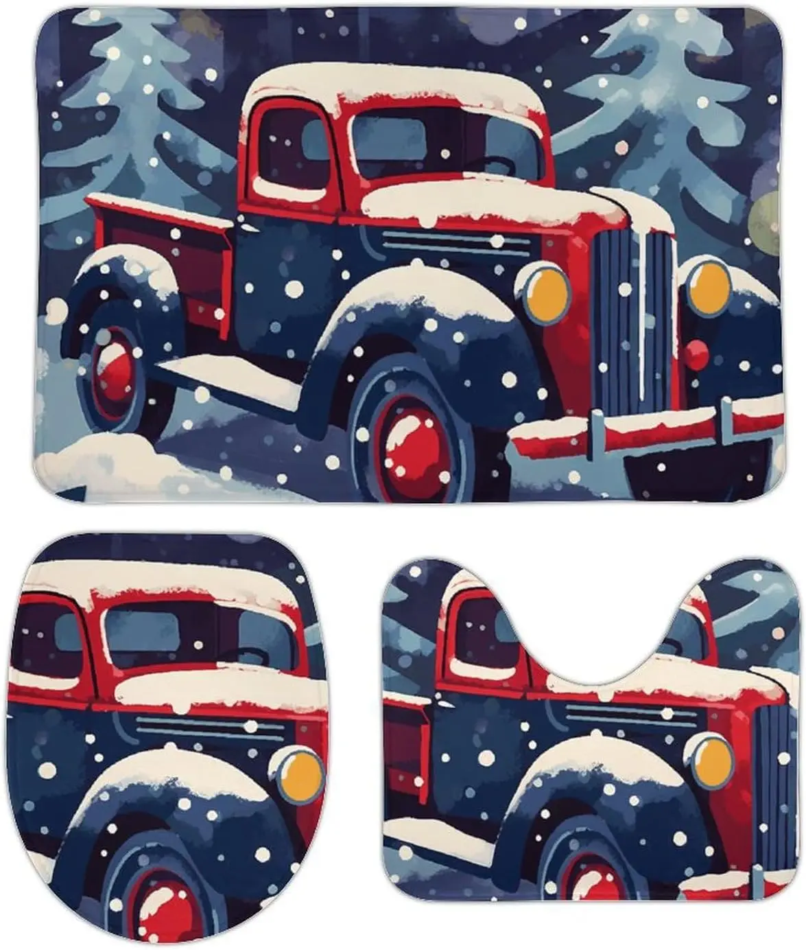 3 Piece Bath Rug Set Non Slip Absorbent Bath Mat Contour Mat with Toilet Lid Cover Truck in Snow Soft Floor Mats for Bathroom