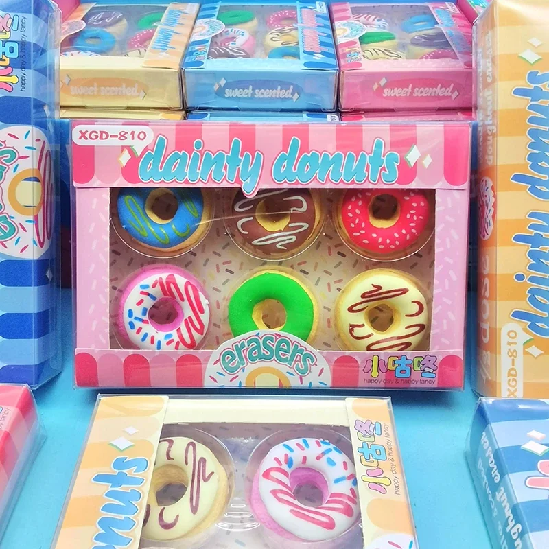 

6 шт., милые дизайнерские ластики в виде пончиков, кавайный резиновый ластик для карандашей для школы, подарки для детей, корейские канцелярские принадлежности, школьные и офисные принадлежности