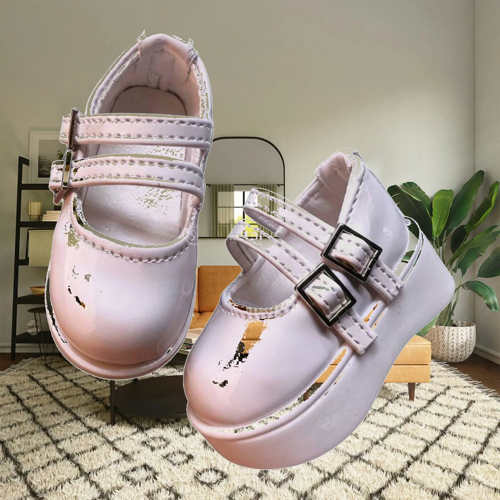 Thick Sole Doll Shoes for 1/4 BJD Dolls Double Buckle PVC Leather Footwear Sweet Cute Style for