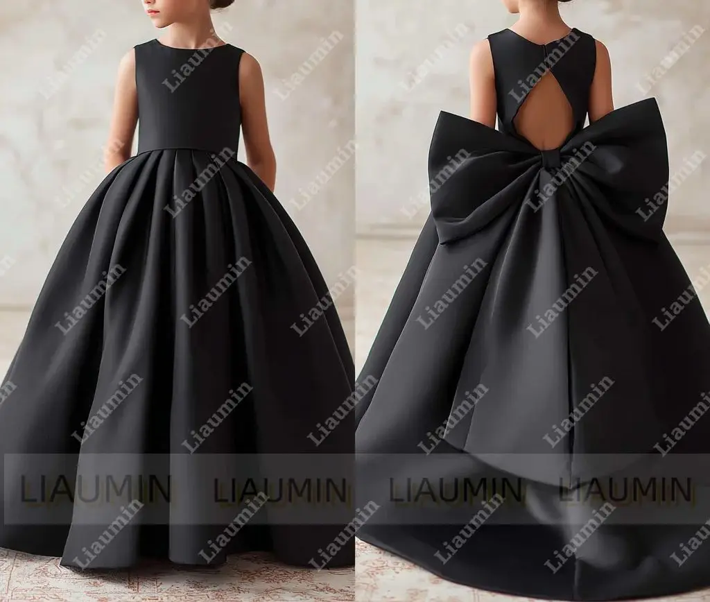 เลียูมินชุดเดรสสาวดอกไม้ผ้าซาตินยาวเต็มตัวพร้อมโบว์แต่งงานเจ้าหญิงชุดพิธีศีลมหาสนิทครั้งแรกกระโปรงสั่งทำพิเศษ W1.1.70