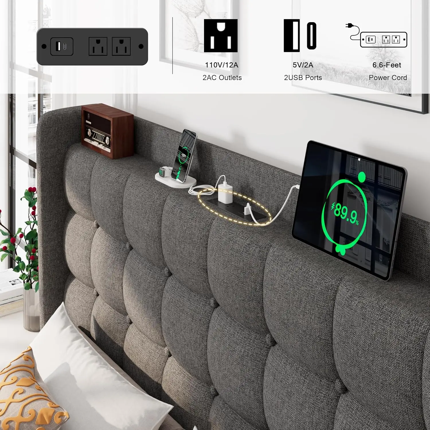 هيكل السرير، محطة شحن إطار السرير ذات المنصة، اللوح الأمامي للتخزين الخلفي الحديث، دعم شريحة من الخشب الصلب، لا حاجة إلى صندوق زنبركي