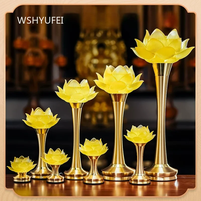 2pcs Plug in 7 Color Changing Lotus LED Altar Lamp Gold Pedestal Glowing Flower Light for Buddhist Shrine Meditation Room Decor