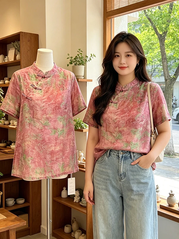 

Fashionable New Chinese Style Gradient Qipao Top Short Sleeve Large Size Elegant Korean Version Commute Style Women's Shirt