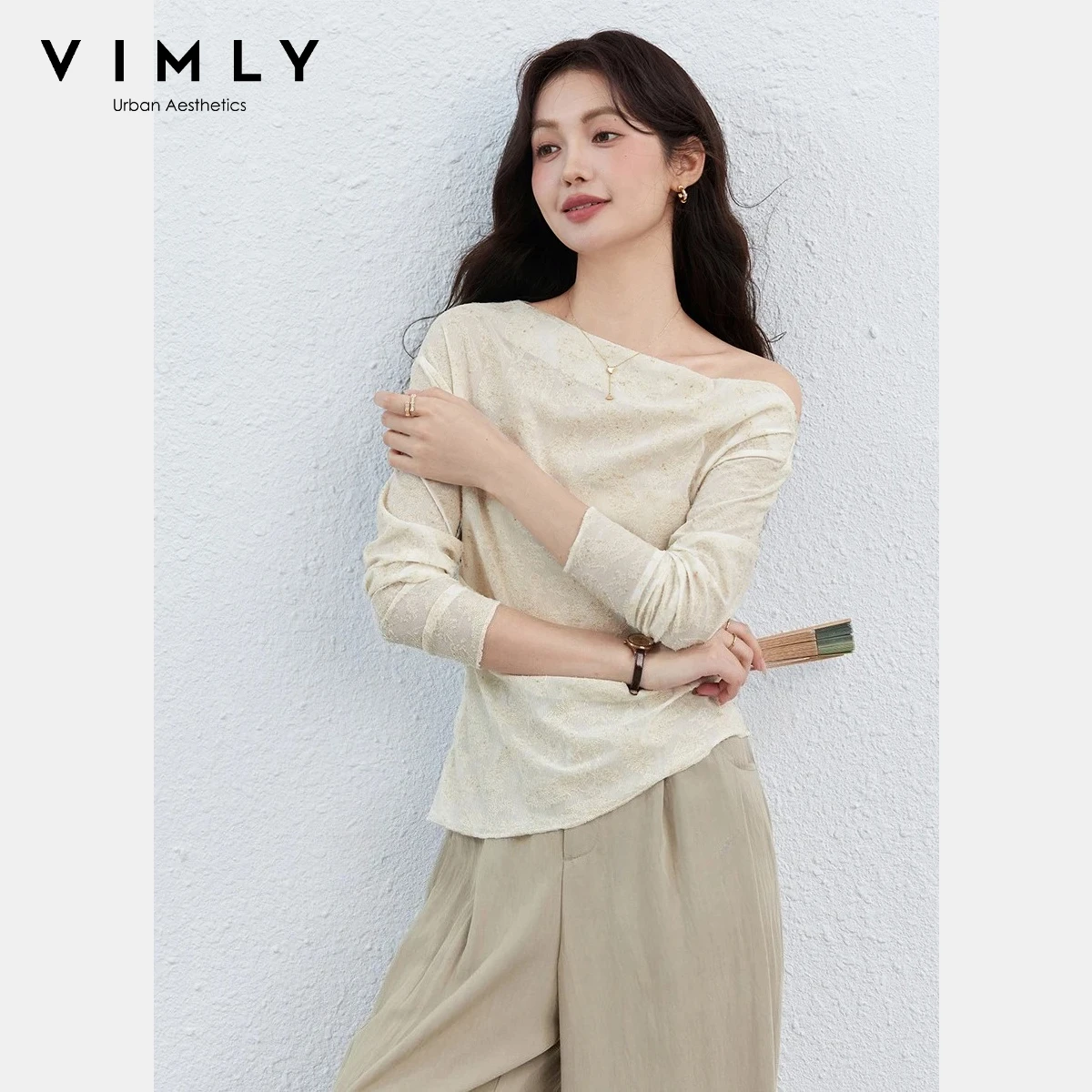 

VIMLY VIMLY Women's Off Shoulder T-Shirt 2026 Spring New Paisley Textured Asymmetrical Hem Design Fashion Casual Slim Top 30687