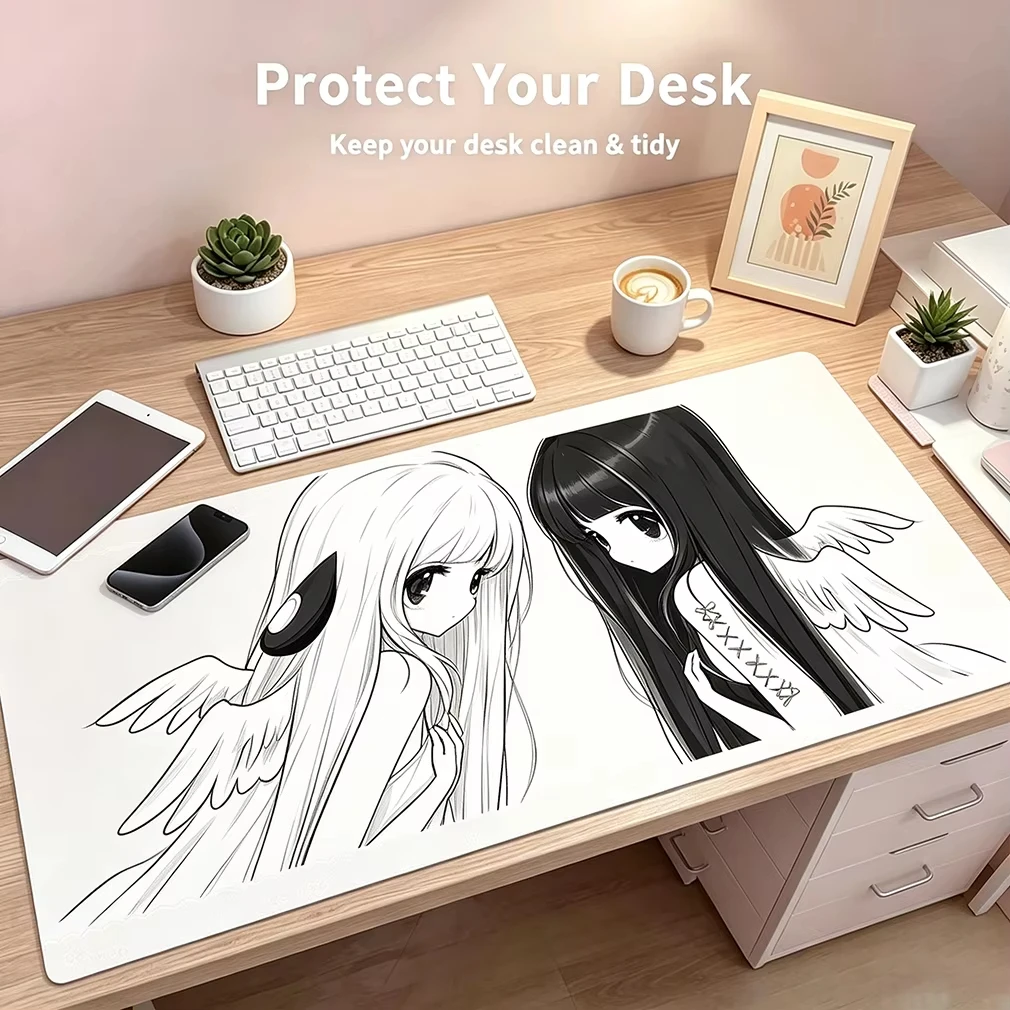 PU Leather Desk Pad Protector Y2K Japan Anime Sweet Girl Black Line Sexy Cute Mousepad Office Desk Mat Non-Slip Desk Blotter Pad