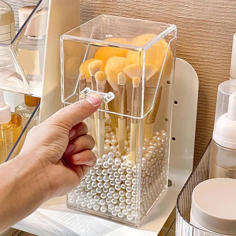 1 Uds. Cubo para brochas de maquillaje de escritorio a la moda, portavasos con tapa, maquillaje a prueba de polvo, lápiz labial, caja de cosméticos, tubo organizador transparente