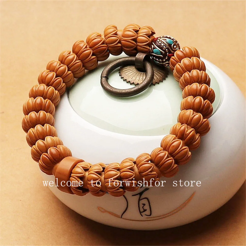 

14mm Precision High-quality Pure Hand-made Olive Stone Full Circle Relief Colored Lotus Beads Bracelet
