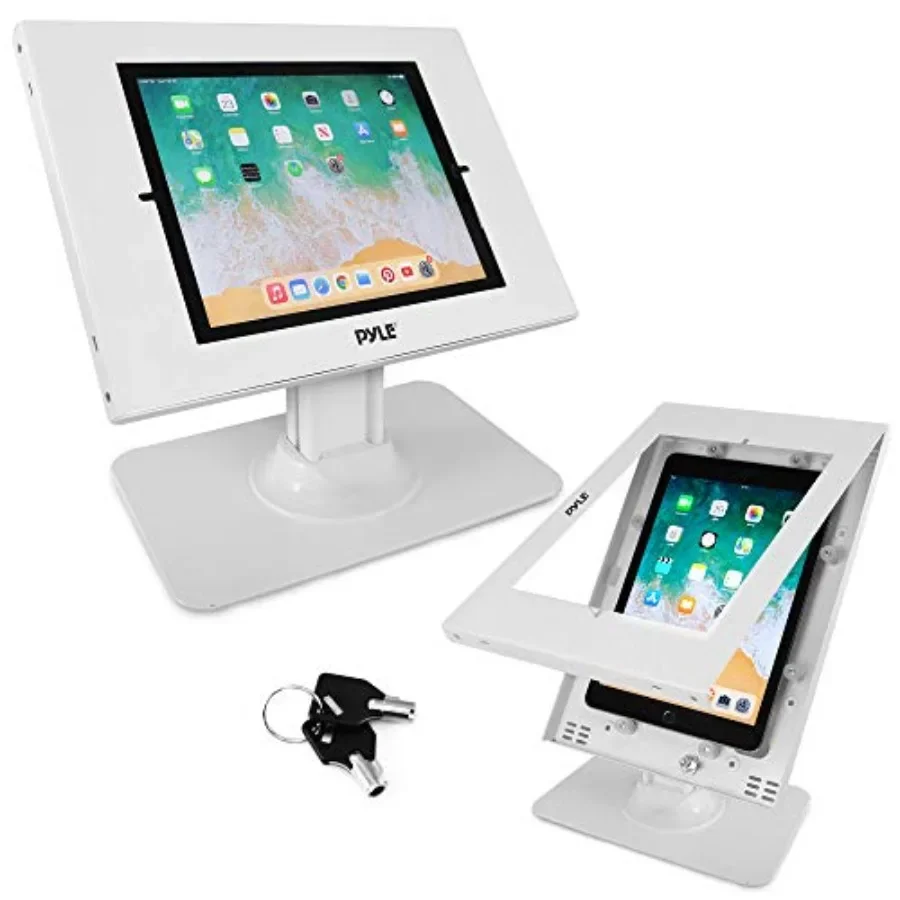 

Anti Theft Tablet Security Stand for desktop kiosk use, white aluminum alloy, 90 rotation and 75 tilt with lock-and-key mechani